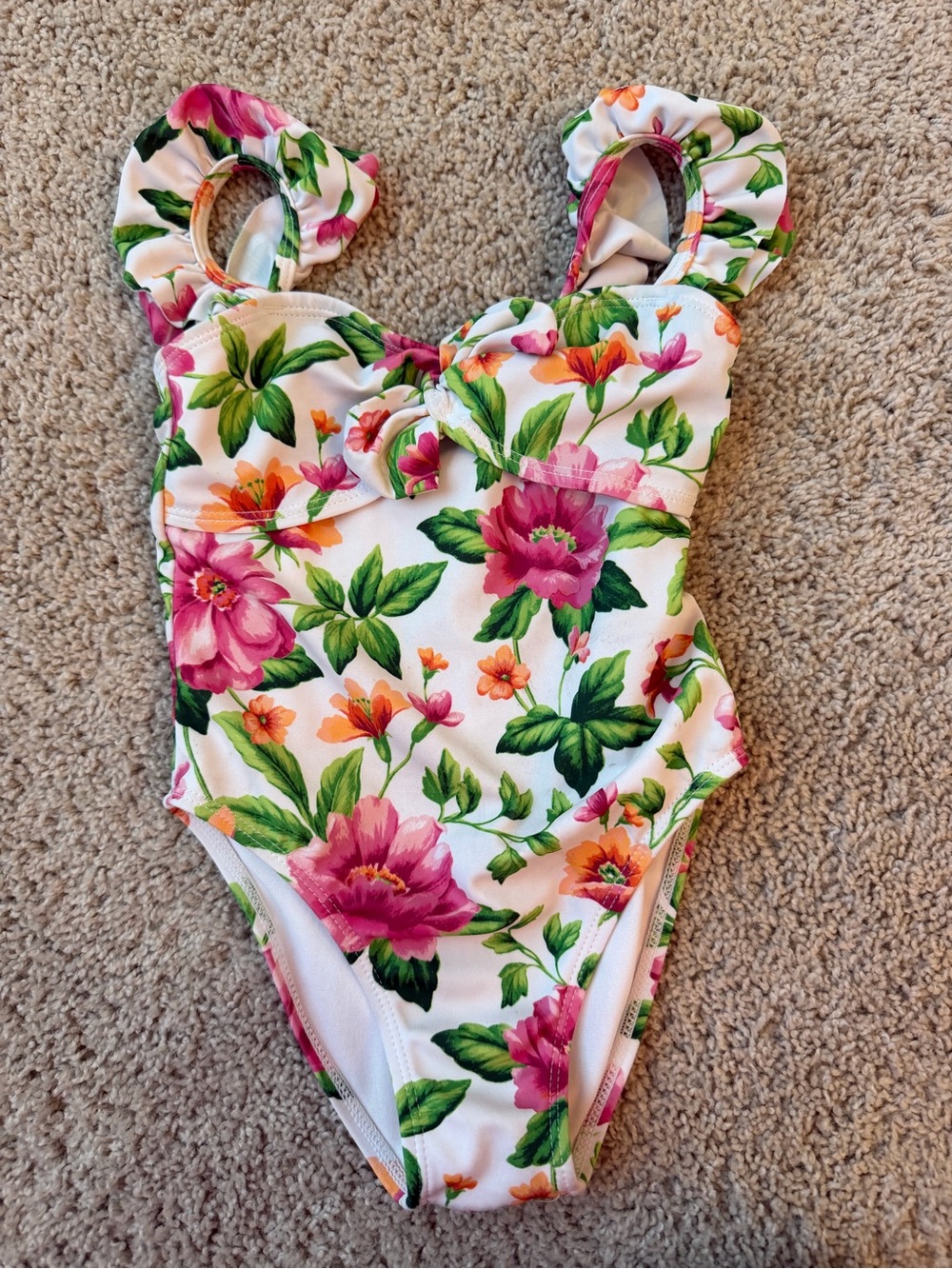 Janie and Jack White Floral One-Piece Swimsuit with Pink & Green Accents